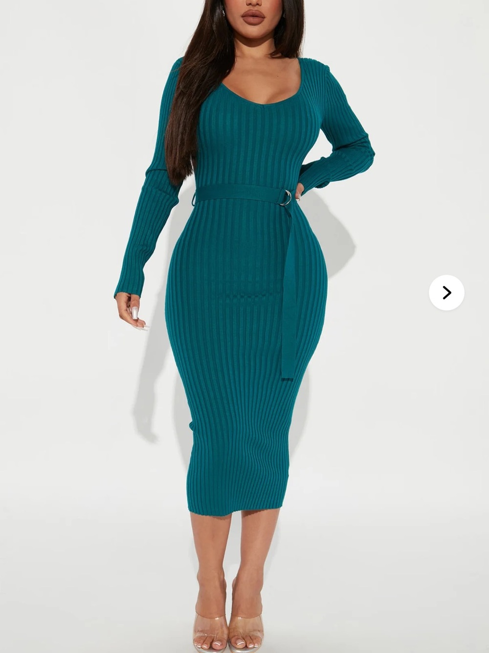 Fashion Nova Teal Ribbed Long Sleeve Belted Midi Dress